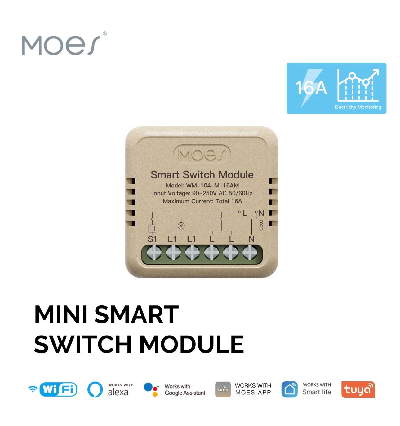 Módulo Interruptor Inteligente Mini Wi-Fi MOES 16A con Monitoreo de Energía