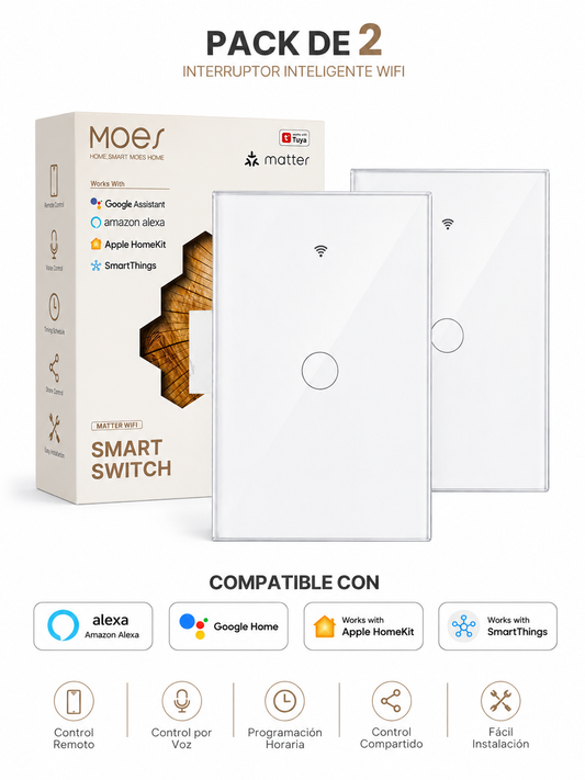 Interruptor Inteligente WiFi Táctil 1 Vía Matter MOES – (paquete 2 unidades)