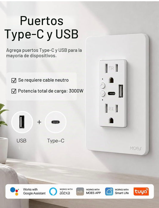 Toma corriente inteligente WiFi con USB-C y USB-A – Smart Home Panamá