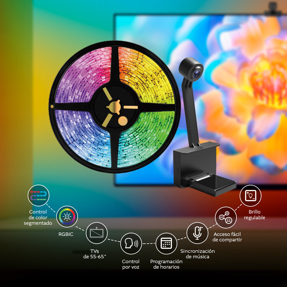 Kit de Luces LED y Cámara Inteligentes para TV de 55"- 65", RGBIC, 210 Lúmenes, WiFi 2.4GHz, 24W, Longitud 3.8m