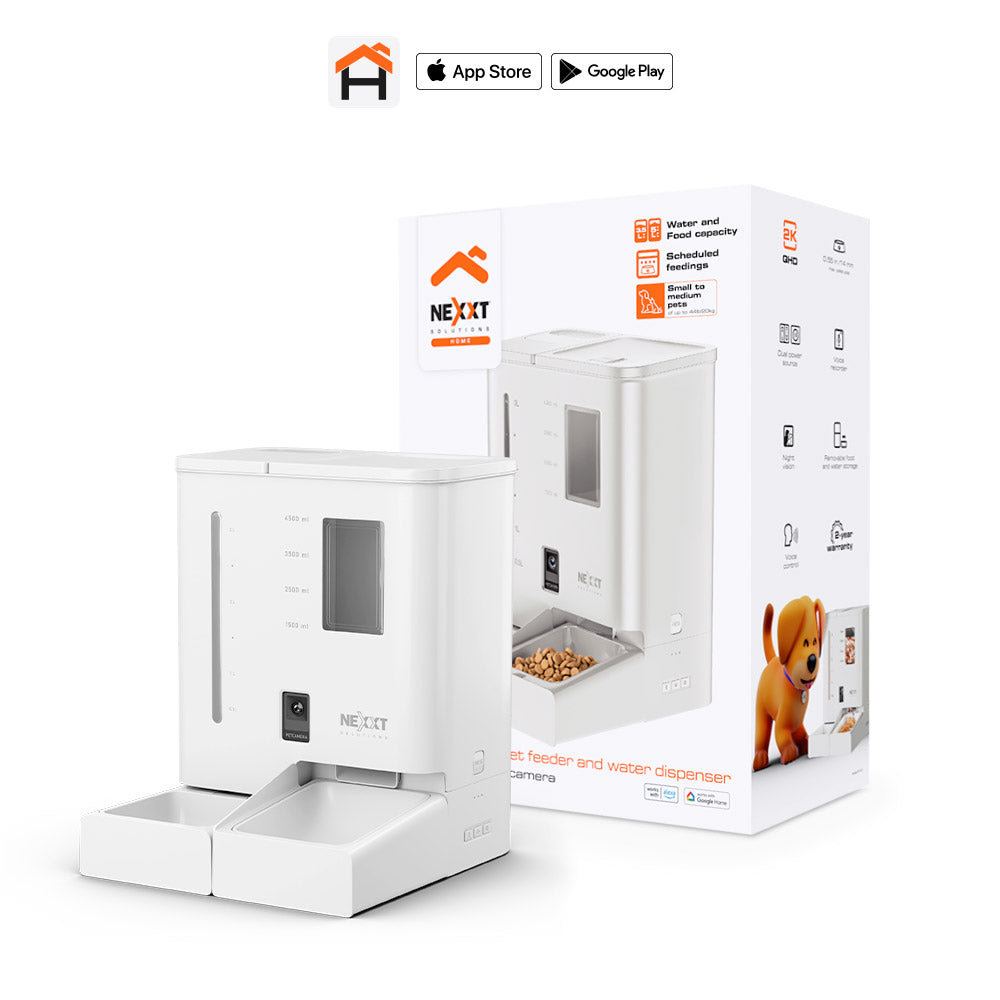 Dispensador inteligente de alimento y agua para mascotas con conexión Wi-Fi y cámara 2K integrada.