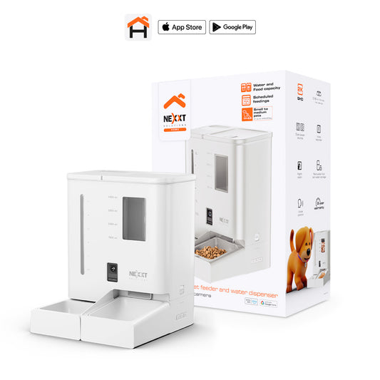 Dispensador inteligente de alimento y agua para mascotas con conexión Wi-Fi y cámara 2K integrada.