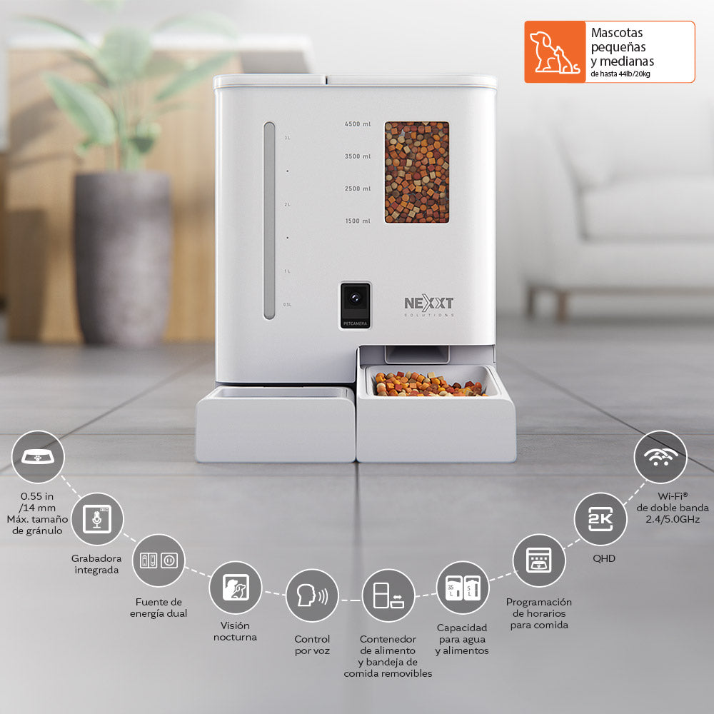 Dispensador inteligente de alimento y agua para mascotas con conexión Wi-Fi y cámara 2K integrada.
