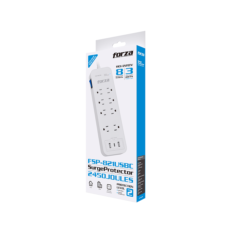 Forza FSP-821USBC - Protector Contra Sobretensiones, 8 Tomas de Corriente, 2 Puertos USBA, 1 Puerto USBC, 1625W, 110 V/220 V, 2450 J
