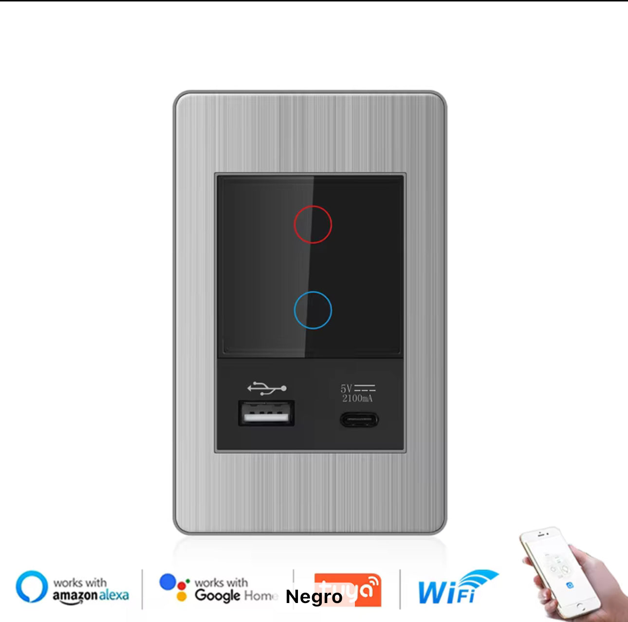 Interruptor luxury WiFi 2 vias (con toma de USB y USB-C)
