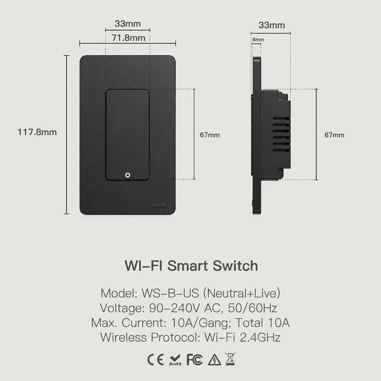 Interruptor Inteligente WiFi 1 Vía de botones MOES - Negro