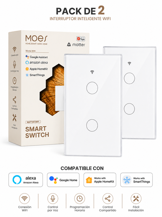 Interruptor Inteligente WiFi Táctil 1 Vía Matter MOES – (paquete 2 unidades)
