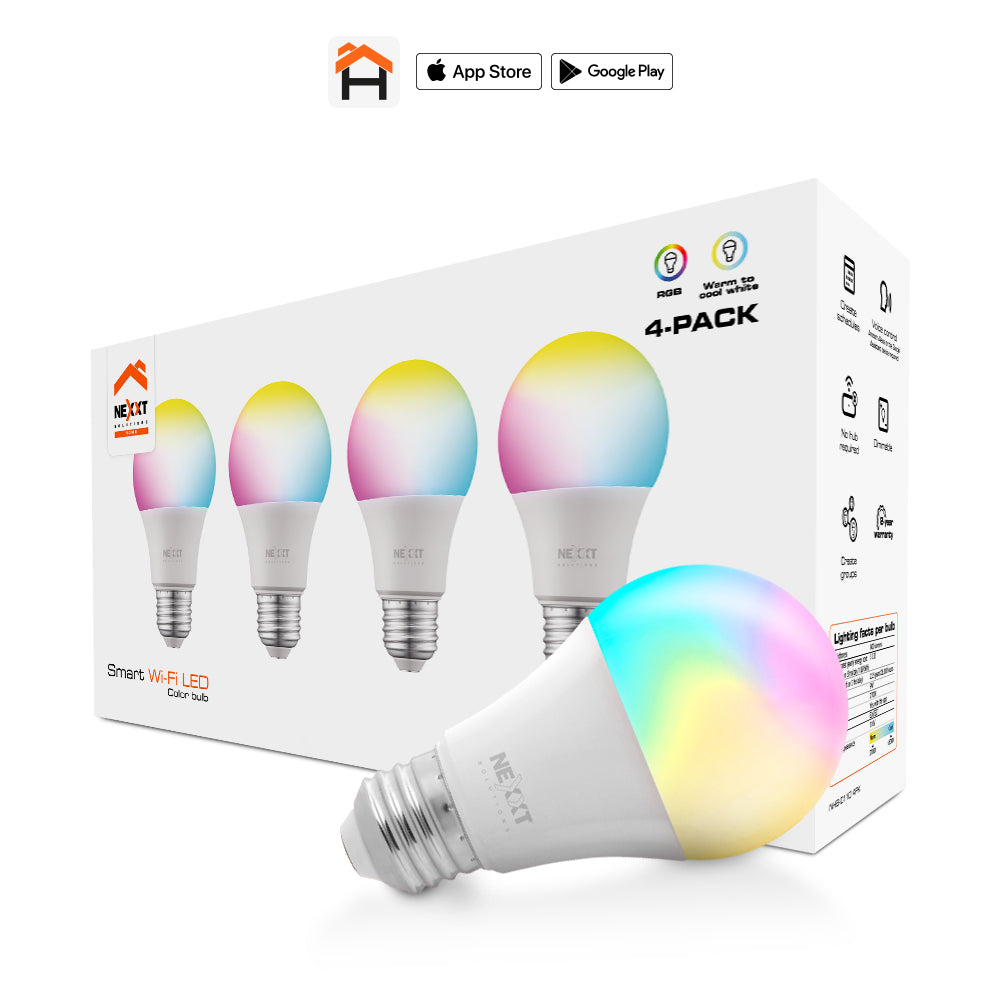 Bombilla LED Inteligente, Luz RGB + Blanca, 800 Lúmenes, WiFi 2.4GHz, 9W, 4 Unidades