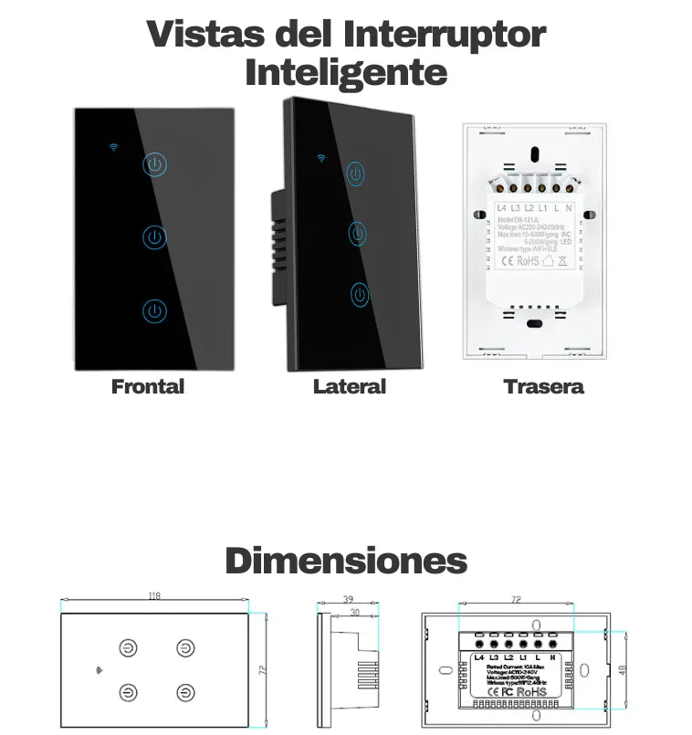 Interruptor Inteligente tactil - 3 botones negro