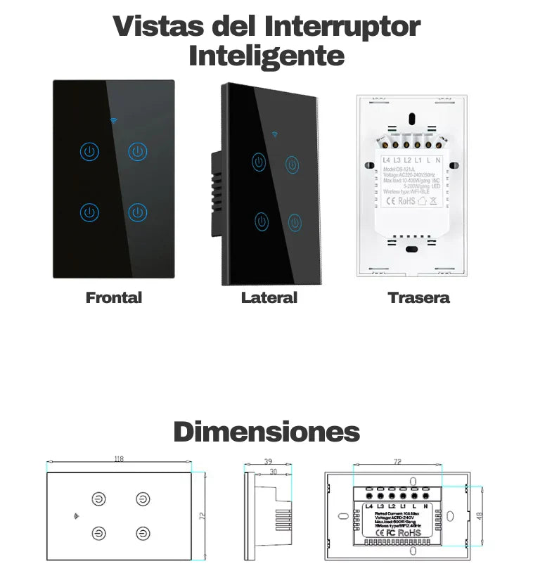 Interruptor Tactil Inteligente  - 4 botones Negro
