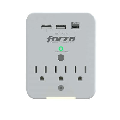 Forza FWT-331USBC - Protector de Voltaje, 3 Salidas, 2 Puertos USB-A y 1 USB-C, 110V, 15A, 490 Joules